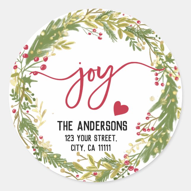 Merry Christmas Joy Holly Wreath Rustic Typography Classic Round Sticker (Front)