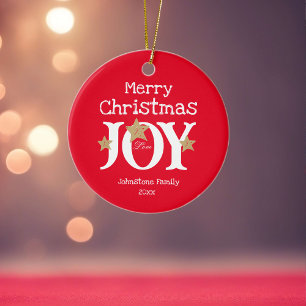 Merry Christmas Joy Simple Elegant Red Ceramic Ornament