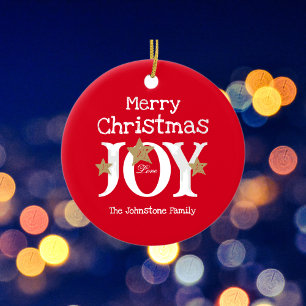 Merry Christmas Joy Simple Elegant Red Ceramic Ornament