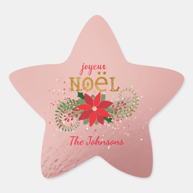 Merry Christmas Joyeux Noel Star Pink French Sticker (Front)