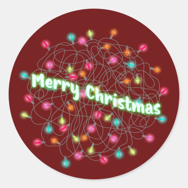 Merry Christmas Jumble of Lights Neon Text  Classic Round Sticker (Front)