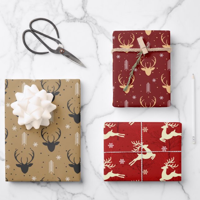 Merry Christmas Jumping Reindeer Snow White Red Wrapping Paper Sheet (Front)