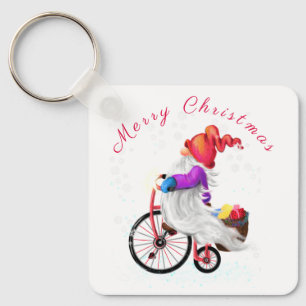 Merry Christmas Keychain Gnome with Bike and Gifts