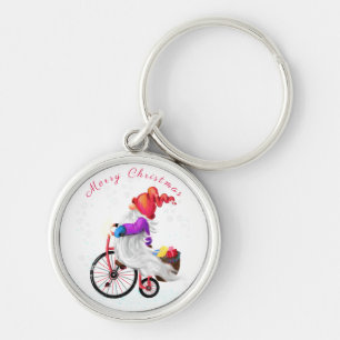 Merry Christmas Keychain Gnome with Bike and Gifts