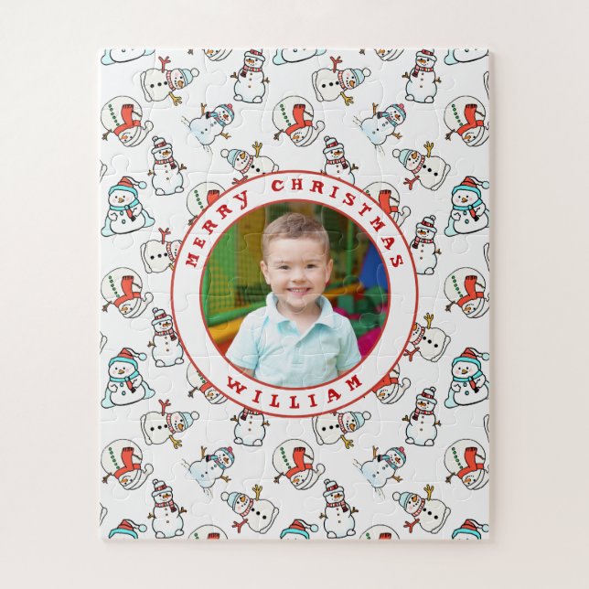 Merry Christmas Kids Name Photo Snowman 56 Piece Jigsaw Puzzle (Vertical)