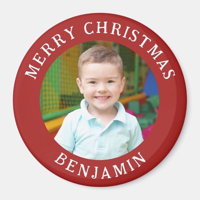 Merry Christmas, Kids Photo And Name Red Magnet (Front)