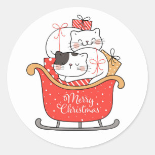 Merry Christmas Kittens in Sleigh Classic Round Sticker