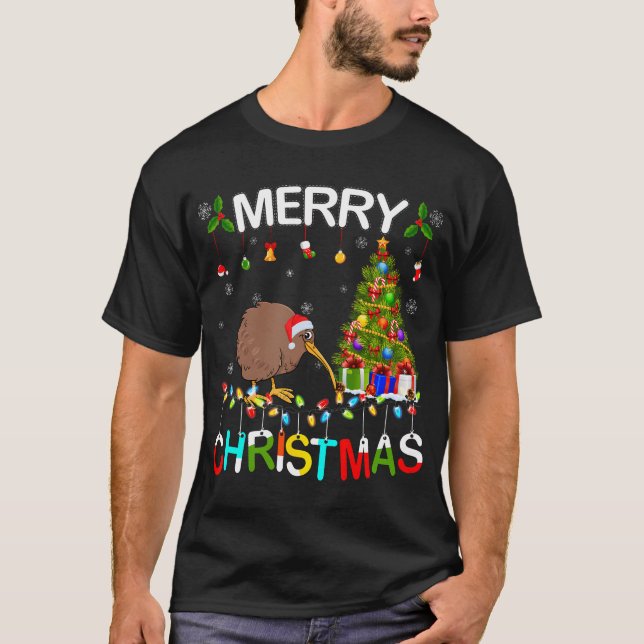 Merry Christmas Kiwi Santa Hat Lights Xmas Kiwi T-Shirt (Front)