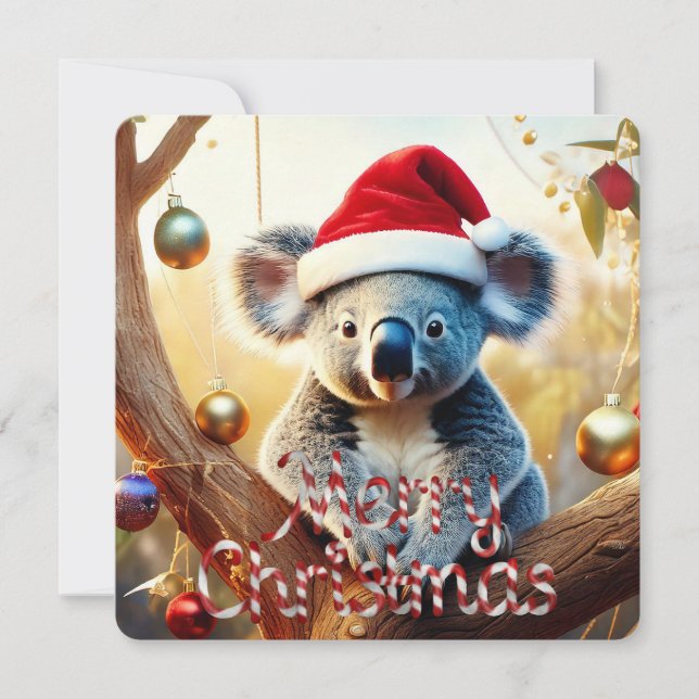 Merry Christmas Koala Santa hat Gumtree Baubles Holiday Card (Front)