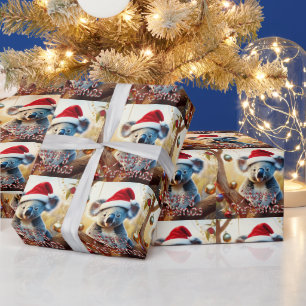 Merry Christmas Koala Santa hat Gumtree Baubles Wrapping Paper