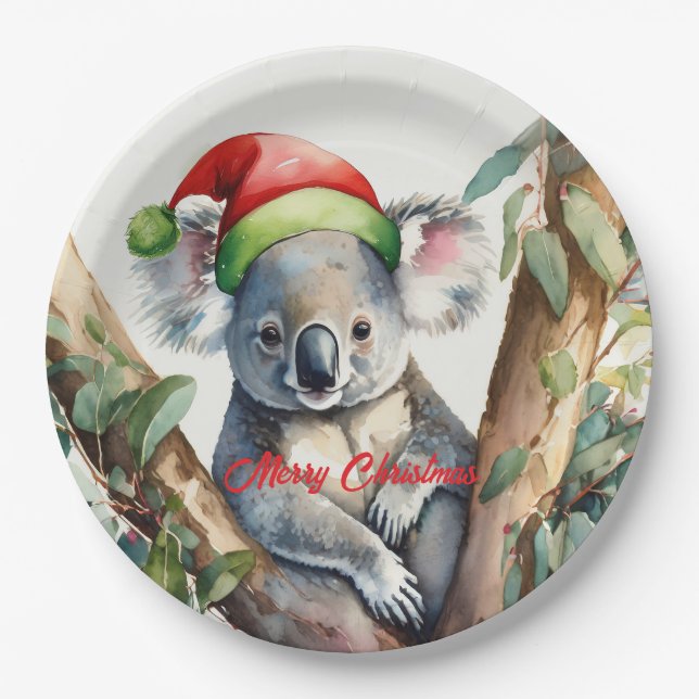 Merry Christmas Koala sitting in Gumtree Paper Plate (Front)