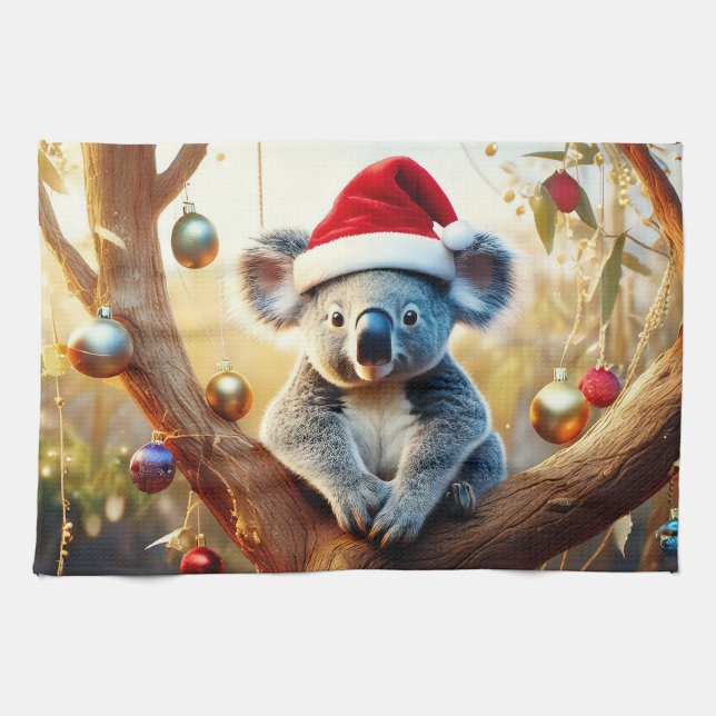 Merry Christmas Koala sitting in Gumtree Tea Towel (Horizontal)