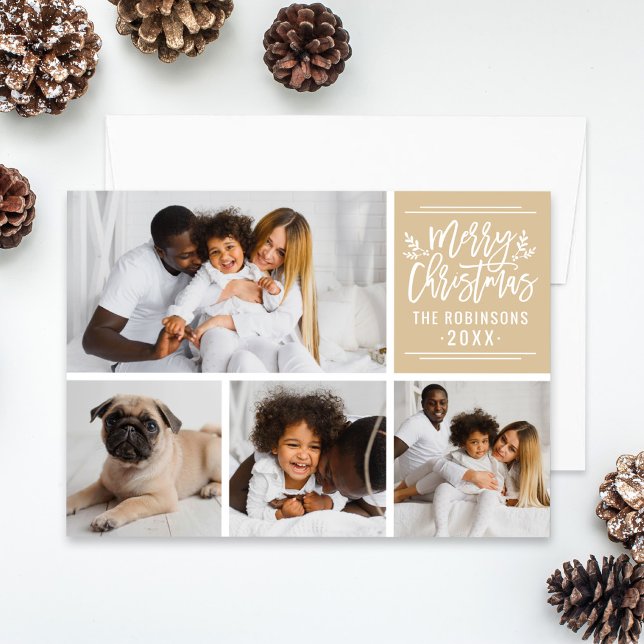 Merry Christmas Kraft Brown Script 4-Photo Collage Holiday Card (Creator Uploaded)