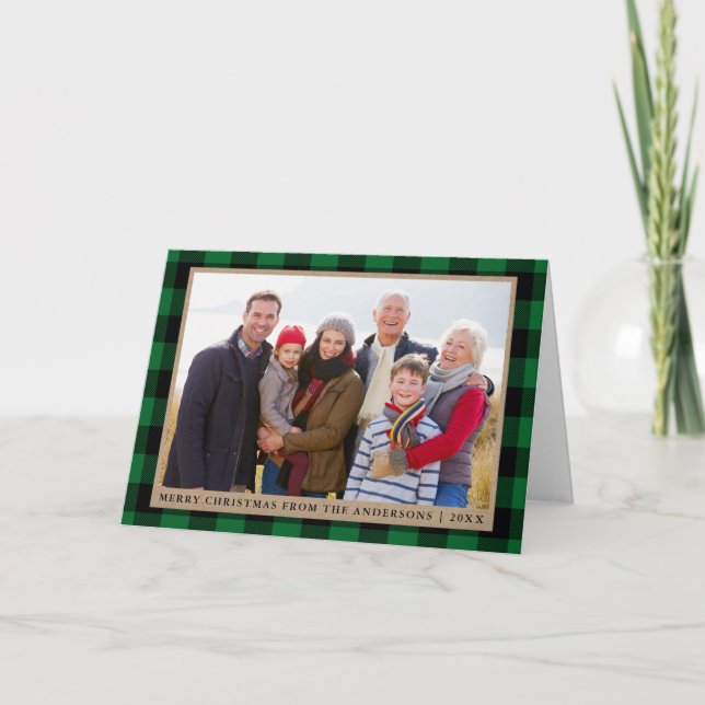 Merry Christmas Kraft Green Tartan Photo Fold Holiday Card (Front)
