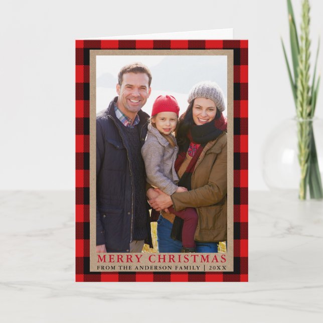 Merry Christmas Kraft Tartan Photo Folded Holiday Card (Front)