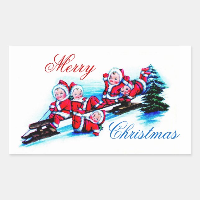 Merry Christmas Label - Elves Sledding in Snow (Front)