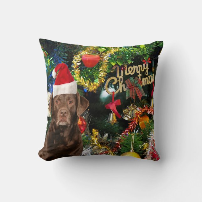 Merry Christmas Labrador Retriever Dog Santa Hat Cushion (Front)