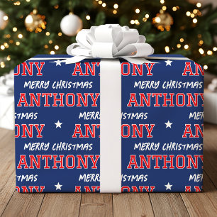 Merry Christmas Large Scale Custom Name Red Navy Wrapping Paper