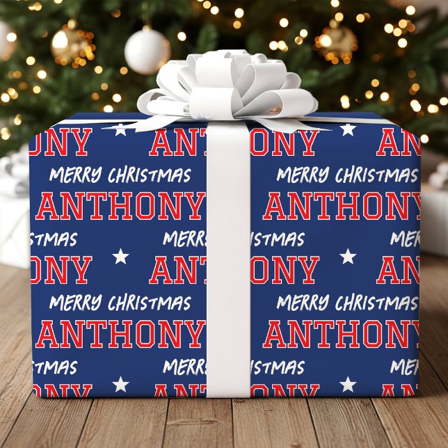 Merry Christmas Large Scale Custom Name Red Navy Wrapping Paper (Creator Uploaded)