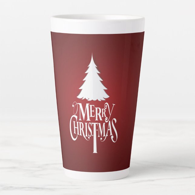 Merry Christmas Latte Mug (White Christmas Tree White Lettering Red Background!)