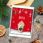 Merry Christmas Latte With Vintage Ornament Boss Card<br><div class="desc">To celebrate Christmas,  a wonderful Merry Christmas Caramel Latte topped with chocolate pieces and vintage decorations hanging from the ceiling! Surprise your coworkers,  employer,  family,  and friends with this unique and entertaining Christmas card.</div>