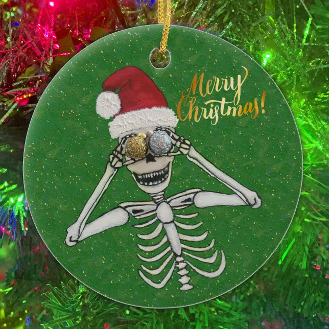 Merry Christmas Laughing Skeleton Glittery Gold Ceramic Ornament (Creator Uploaded)