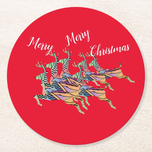 Merry Christmas Leaping Deer  Round Paper Coaster (Front)