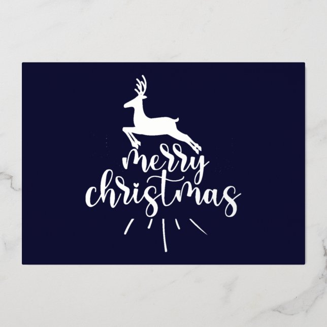 Merry Christmas Leaping Deer Silver  Foil Holiday Card (Front)
