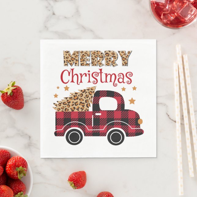 Merry Christmas Leopard and Buffalo Plaid Napkin (Insitu)