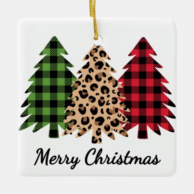 Merry Christmas Leopard and Plaid Trees Ceramic Ornament (Front)