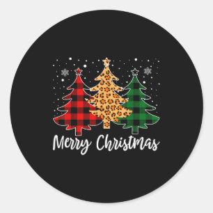 Merry Christmas Leopard Buffalo Plaid Christmas Tr Classic Round Sticker