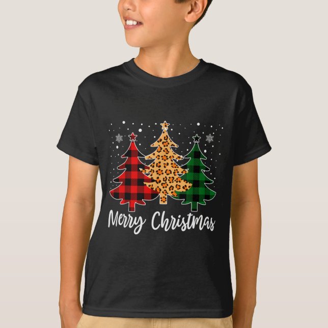 Merry Christmas Leopard Buffalo Plaid Christmas Tr T-Shirt (Front)