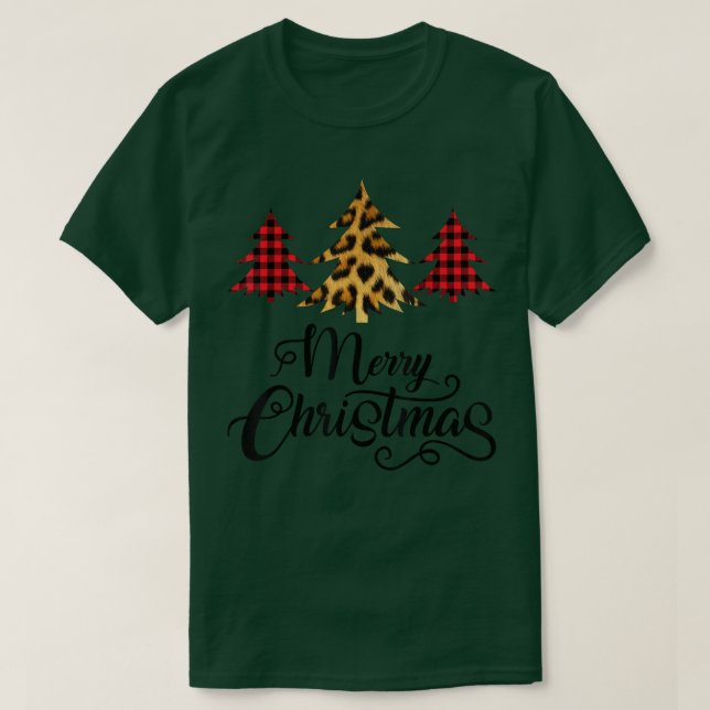 Merry Christmas Leopard Buffalo Plaid Pattern Chri T-Shirt (Design Front)
