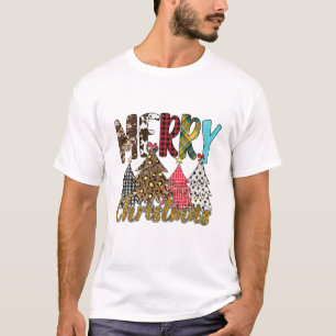 Merry Christmas Leopard Buffalo Plaid Xmas Tree T-Shirt