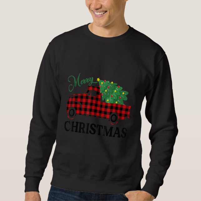 Merry Christmas Leopard Buffalo Truck Tree Red Pla Sweatshirt (Front)