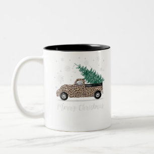 Merry Christmas Leopard Buffalo Truck Tree Red Pla Two-Tone Coffee Mug
