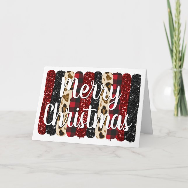 Merry Christmas Leopard Glitter Glam Brush Strokes Holiday Card (Front)