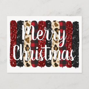 Merry Christmas Leopard Glitter Glam Brush Strokes Holiday Postcard