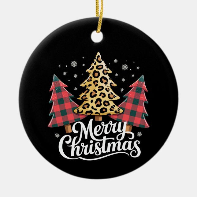 Merry Christmas Leopard Plaid Tree Xmas Holiday Ceramic Ornament (Front)