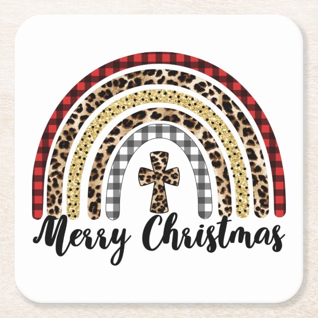 Merry Christmas Leopard Print Cross Square Paper Coaster (Front)