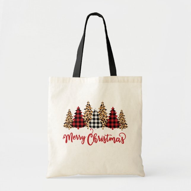 Merry Christmas Leopard Print Plaid Trees Modern Tote Bag (Front)