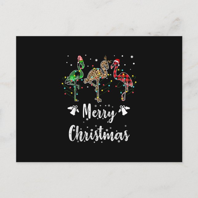 Merry Christmas Leopard Red Green Plaid Flamingo Announcement Postcard (Front)