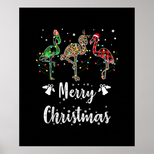 Merry Christmas Leopard Red Green Plaid Flamingo Poster (Front)