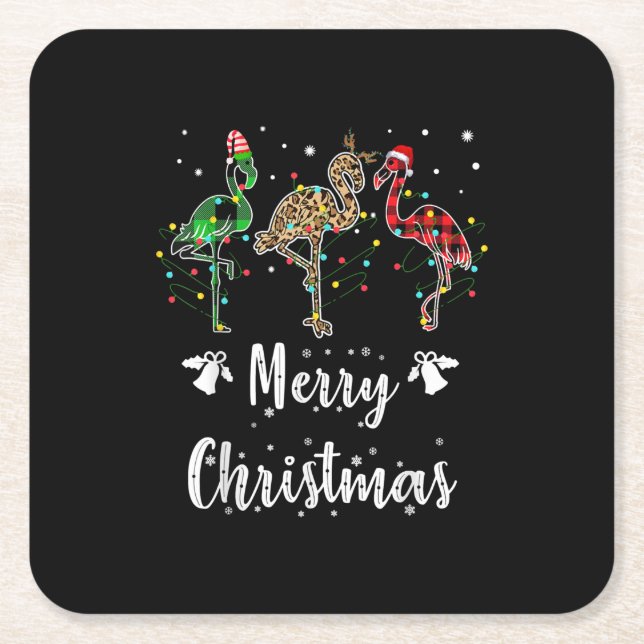 Merry Christmas Leopard Red Green Plaid Flamingo Square Paper Coaster (Front)