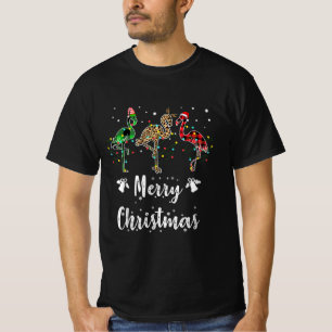 Merry Christmas Leopard Red Green Plaid Flamingo T-Shirt