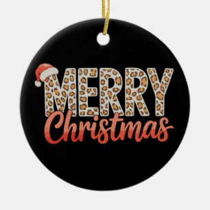 Merry Christmas Leopard Santa Hat Cheetah Xmas Ceramic Ornament