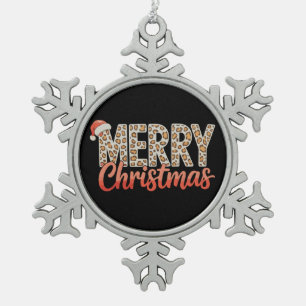 Merry Christmas Leopard Santa Hat Cheetah Xmas Snowflake Pewter Christmas Ornament