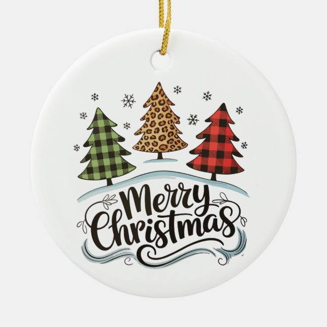 Merry Christmas Leopard Tree Red Buffalo Plaid Ceramic Ornament (Front)