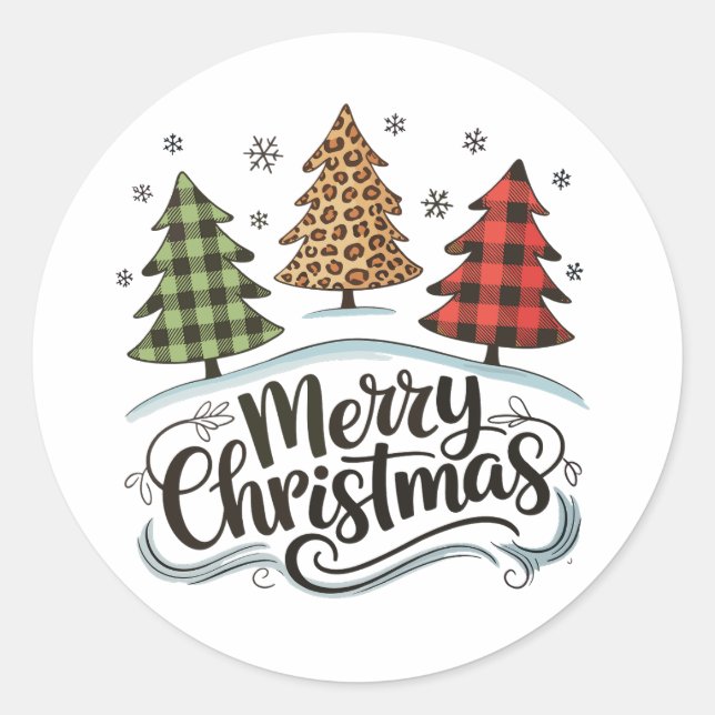 Merry Christmas Leopard Tree Red Buffalo Plaid Classic Round Sticker (Front)