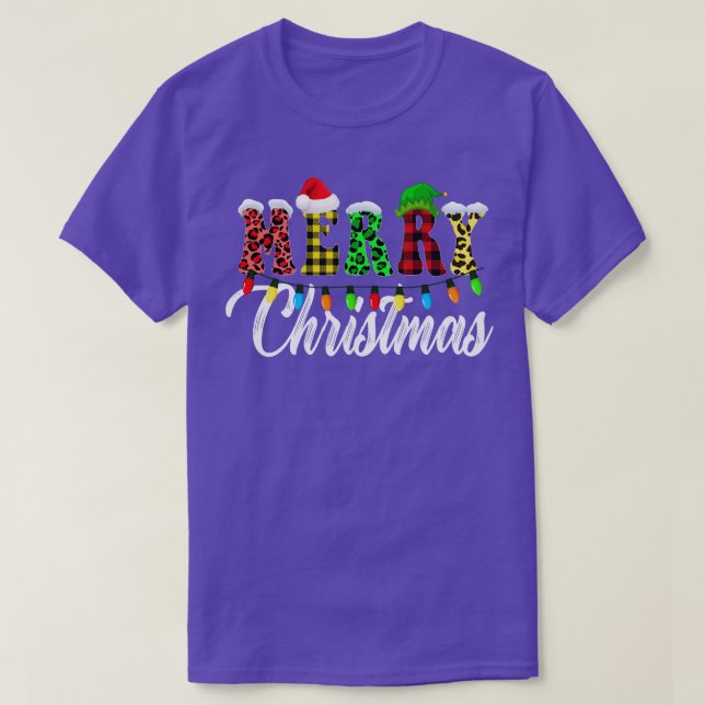 Merry Christmas Leopard Xmas Lights Plaid T-Shirt (Design Front)